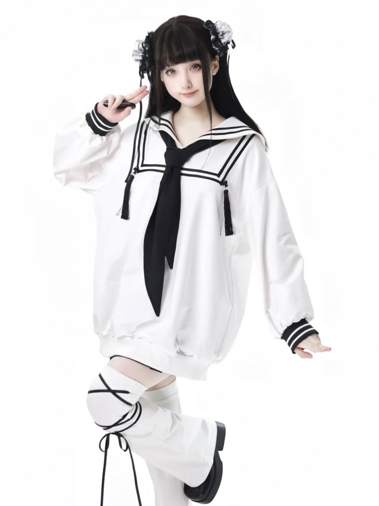 ホワイトセーラーカラープレッピースタイルスウェットシャツ