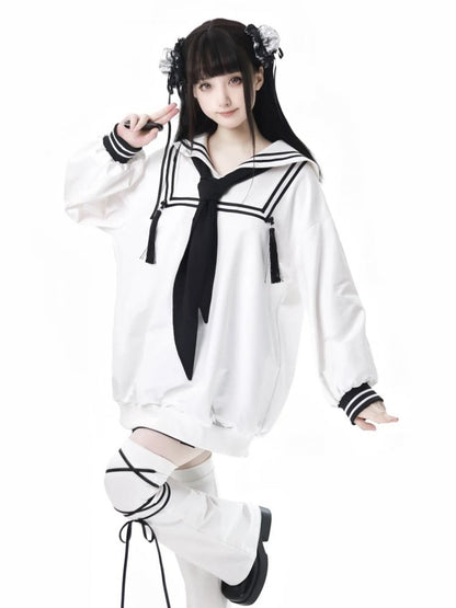 ホワイトセーラーカラープレッピースタイルスウェットシャツ