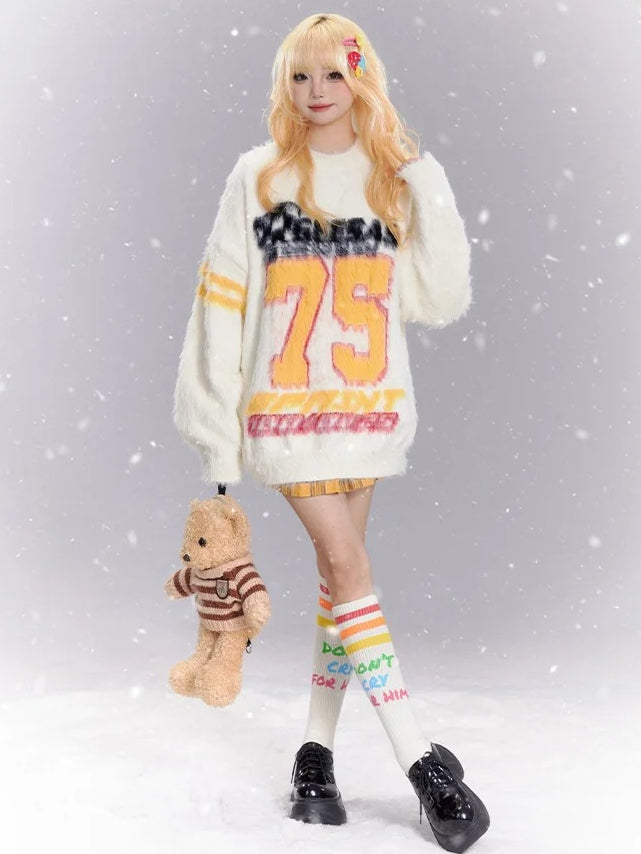 Aprikosen-Zahlenmuster, lockerer Pullover im Preppy-Stil