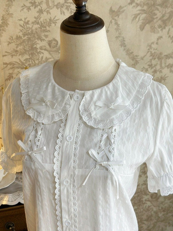 White Sweet Peter Pan Collar Short Sleeve Cotton Blouse Lolita - Jelly Girl