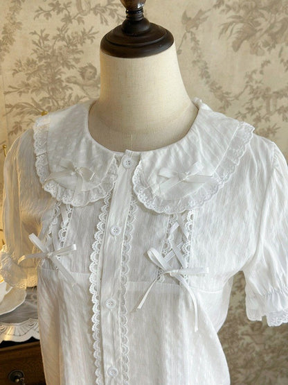 White Sweet Peter Pan Collar Short Sleeve Cotton Blouse Lolita - Jelly Girl