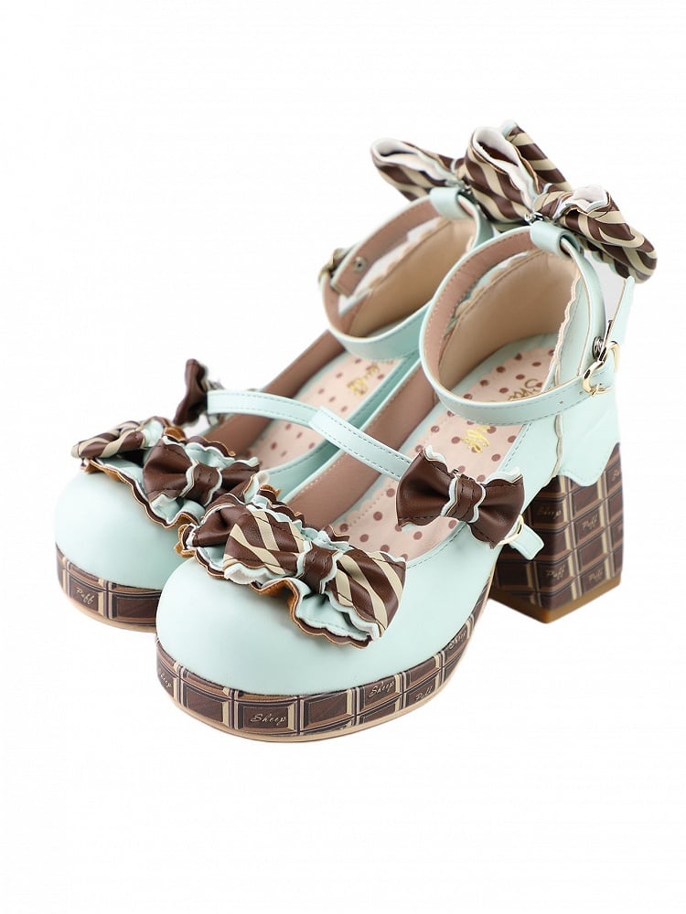 Schnalle Plattform GrünBraun Heels Bowknot Herz Schokolade Janes Mary Block Hohe Details Gestreift