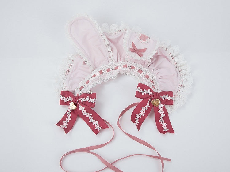 Pastel Bunny-Ear Heart-Charm Ruffled with Bonnet Lace Pink Bows