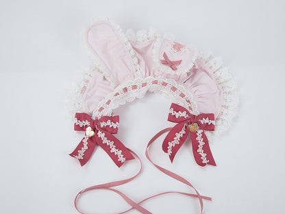 Pastel Bunny-Ear Heart-Charm Ruffled with Bonnet Lace Pink Bows