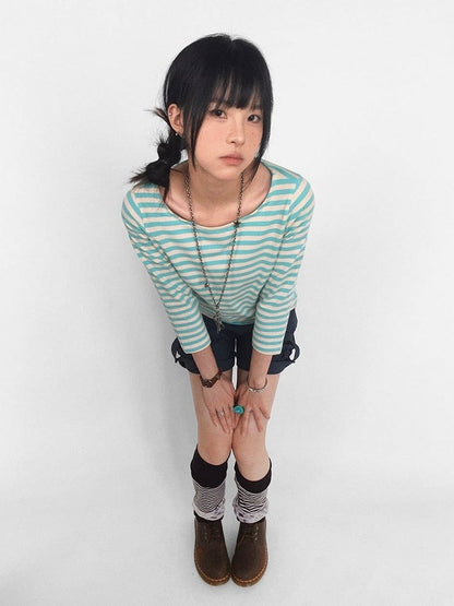 Mint Striped Wide Round Neck Long Sleeve T-shirt with Key and Iron Gate Print - innomoood