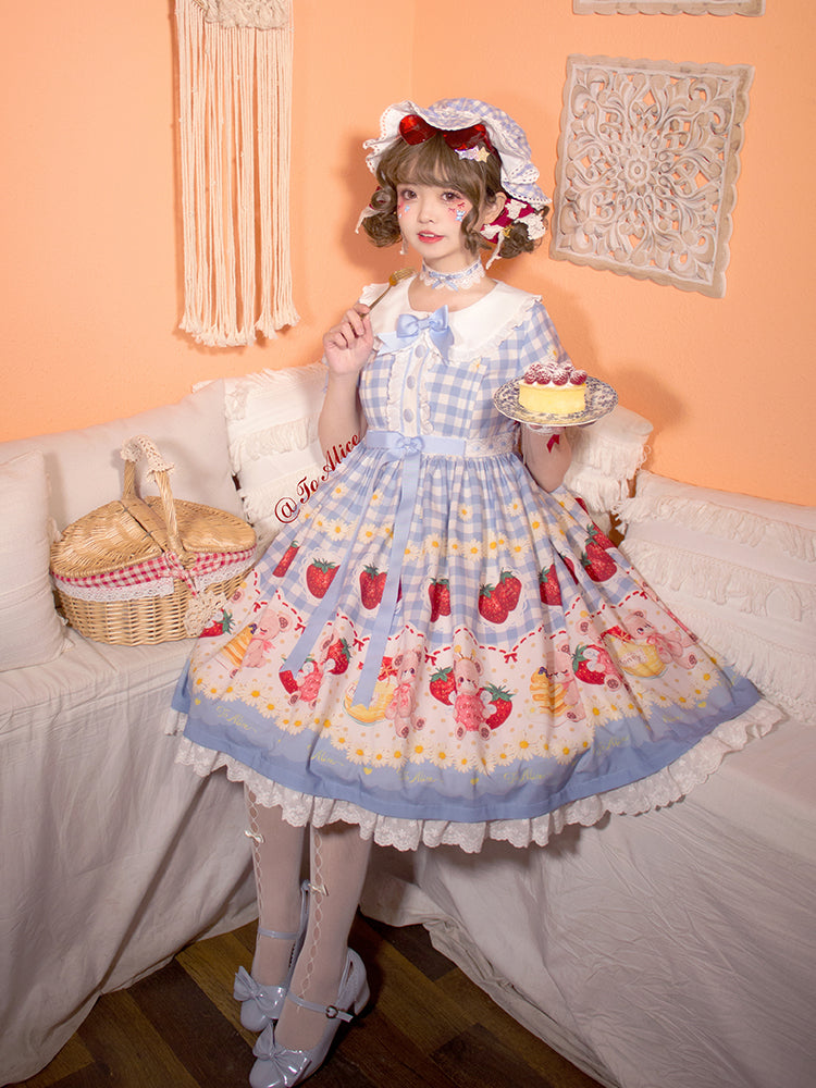 Hellblau/Weinrot kariertes Erdbeer- und Bären-Print Cottagecore Country Kleid Sweet Lolita OP