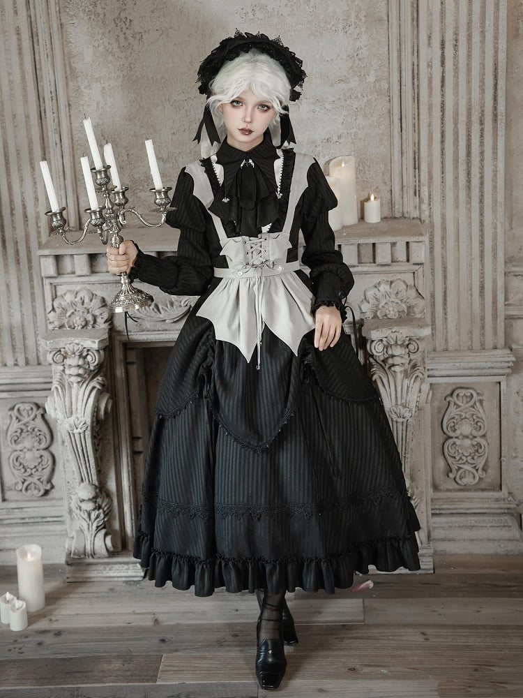 Striped Version Gothic Ruffle Drawstring Long Black Design Skirt with Lolita