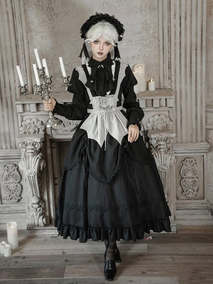 Striped Version Gothic Ruffle Drawstring Long Black Design Skirt with Lolita
