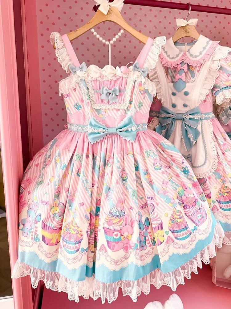Blue Prints with and Sleeves JSK Trim Dress Flutter Pink Lolita Lace Sweet Cupcake