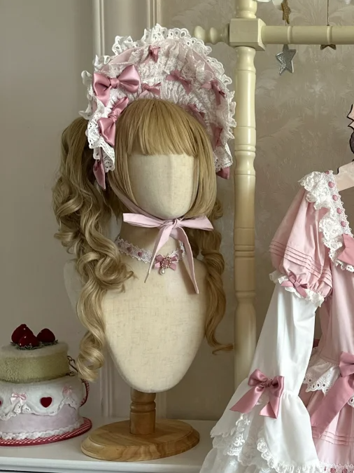 Weiß-rosa Lolita-Haube-Halsband
