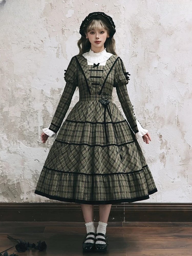 with Sleeves Elegant Classic Plaid Dress and Black Long Neckline Green Piping Lace Lolita