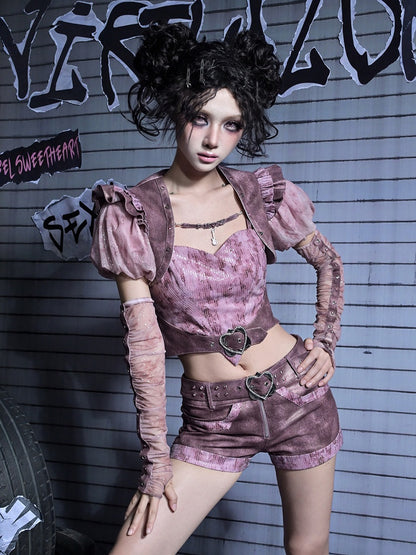 Puff Glitter Rhinestone Denim Punk Y2K Sleeves Pastel Lettering Pink Shrug Detachable with