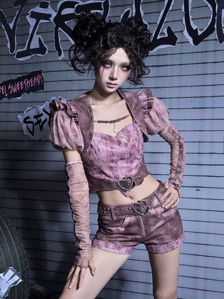 Pastel Rhinestone Cami Y2K Sequin Denim Buckle Top Punk Heart with Belt Pink