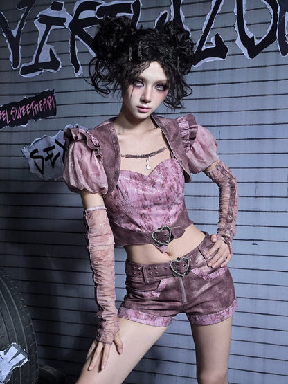 Pastel Rhinestone Cami Y2K Sequin Denim Buckle Top Punk Heart with Belt Pink