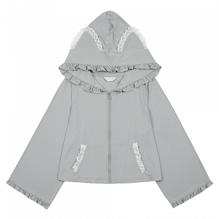 Jirai Kei Sleeves with White/Black/Blue/Pink/Gray Hooded in Baggy Kitty-Ear Long Jacket
