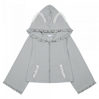 Jirai Kei Sleeves with White/Black/Blue/Pink/Gray Hooded in Baggy Kitty-Ear Long Jacket