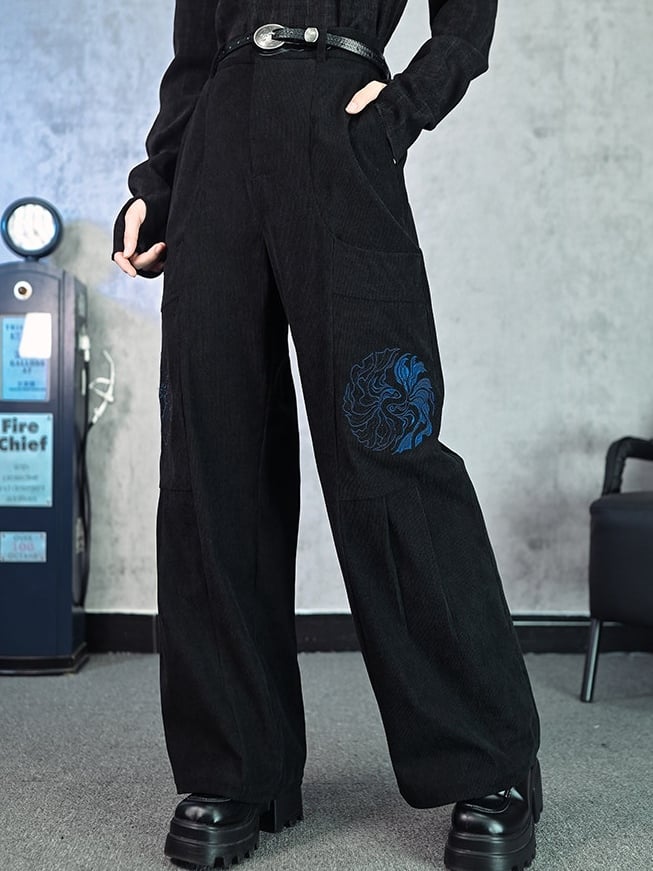 with Goldfish Pants Wide-leg Embroidery Black Gothic