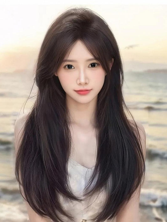 Black Bangs Straight Length With 65CM Wig Tea