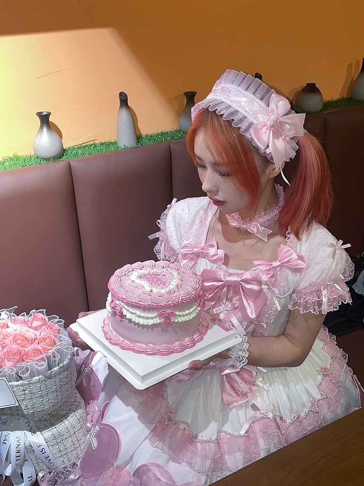 ピンク/ブルー/ホワイト ジライケイ クロス装飾レーストリム ちょう結びヘアバンド/ネックレス/リストカフ