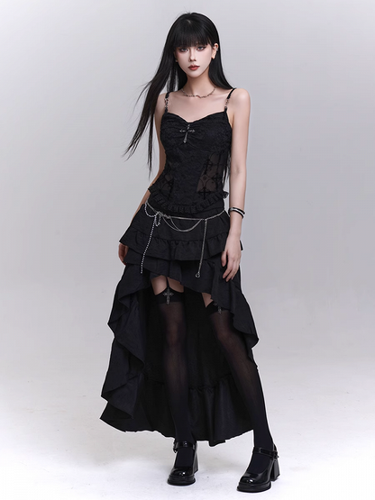 ブラックのカスケーディングフラウンストリムハイロースカート