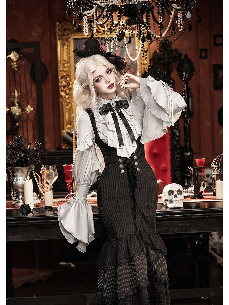 Gothic Lolita 4-Piece Set: Jabot Collar Poet Sleeve Shirt & Fish Tail Skirt - With PUJI