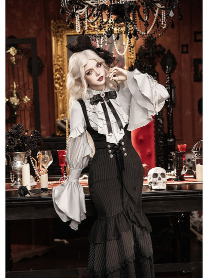 Gothic Lolita 4-Piece Set: Jabot Collar Poet Sleeve Shirt & Fish Tail Skirt - With PUJI