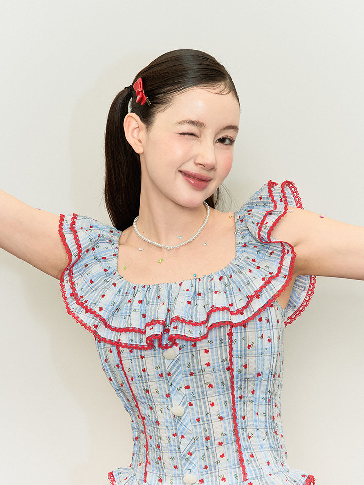 Print Red Floral Off-the-shoulder Top Blue Plaid Neckline