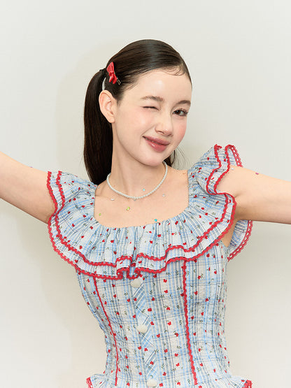 Print Red Floral Off-the-shoulder Top Blue Plaid Neckline