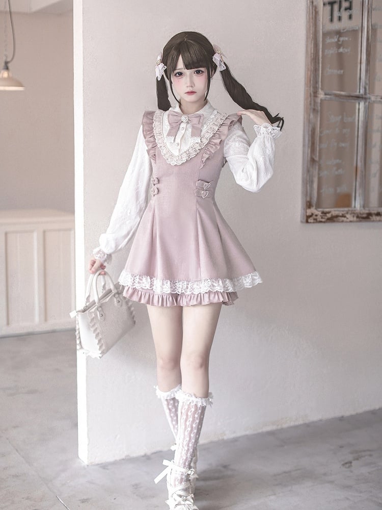 Ryousangata Pink Lace Long Sleeve Dress & Shorts Bow Set - Ekomi