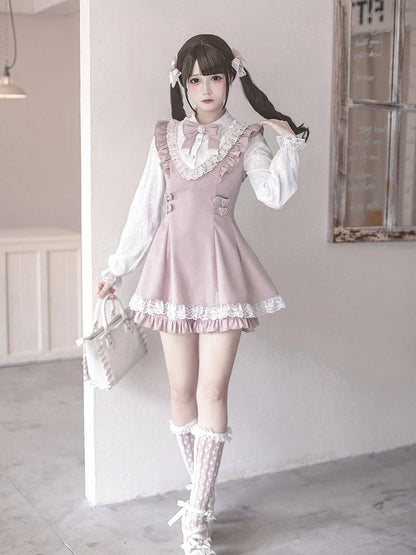 Ryousangata Pink Lace Long Sleeve Dress & Shorts Bow Set - Ekomi