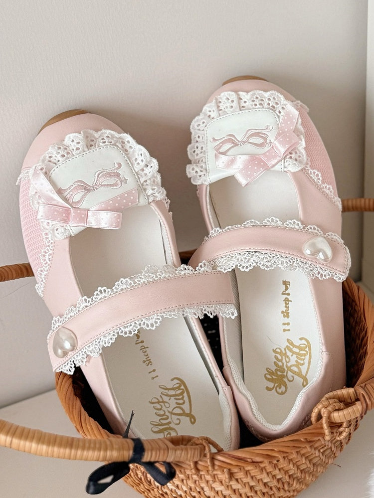Heart-Embellished Closure Sweet in Pink Velcro Flats Lolita Trim Lace