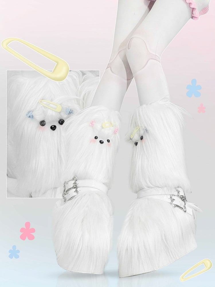 White Maltese Puppy Y2K Platform Furry Boots