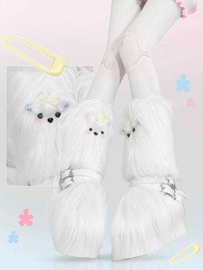 White Maltese Puppy Y2K Platform Furry Boots