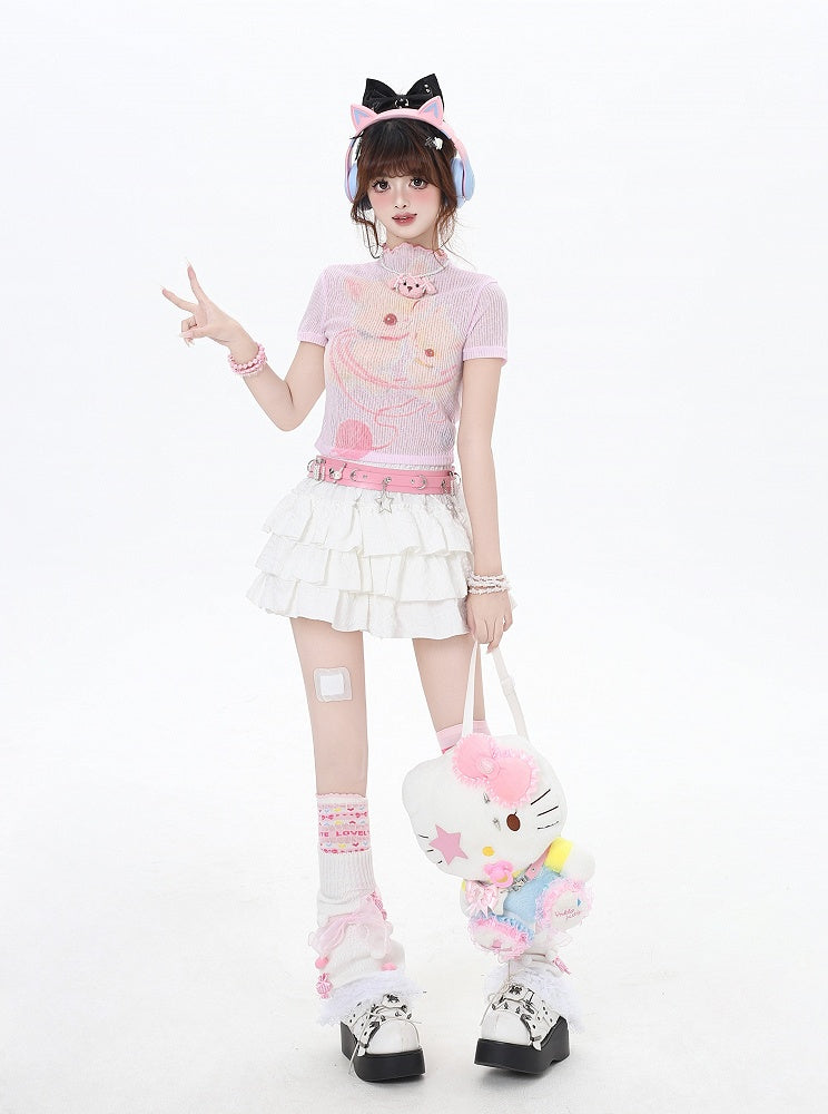 Cropped Beige/Light Pink Yume T-Shirt Adorable Animal Print Semi-sheer Kawaii