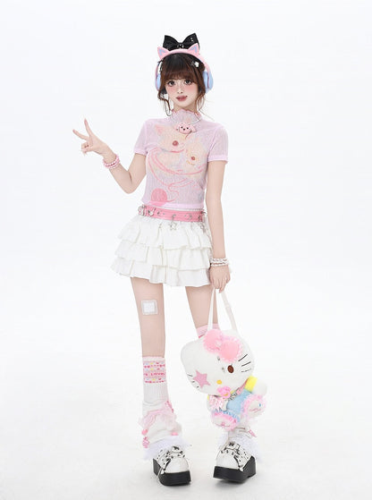 Cropped Beige/Light Pink Yume T-Shirt Adorable Animal Print Semi-sheer Kawaii