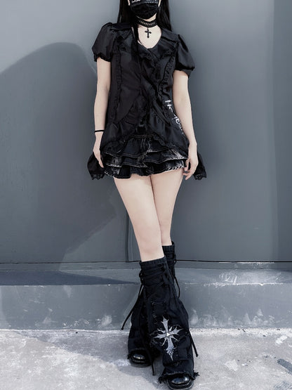 with Raw Hem Detail Lace-up Glamorous Leg Warmers Y2K Black Denim Cross Applique