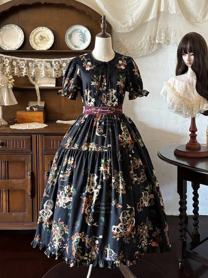 Black Floral Print Long Dress with Berry Embroidery and Lace - Zoncel