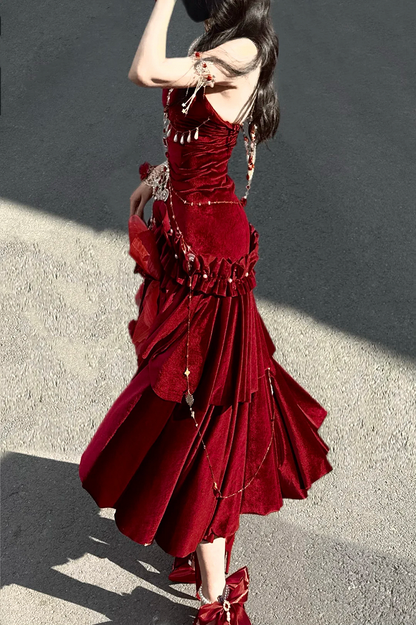 Red Velvet Mermaid Skirt Backless Siren Dress Evening Gown
