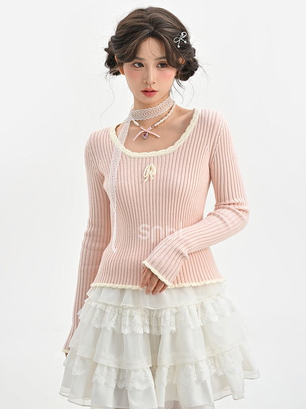 Rosa Strickoberteil mit Rundhalsausschnitt und schmaler Passform