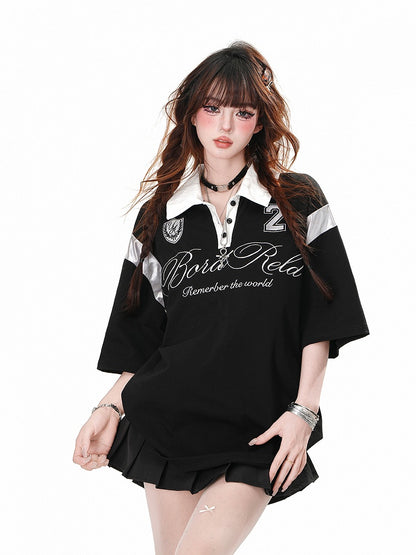 Schwarz/weißes Sport-T-Shirt im Preppy-Stil mit Polokragen