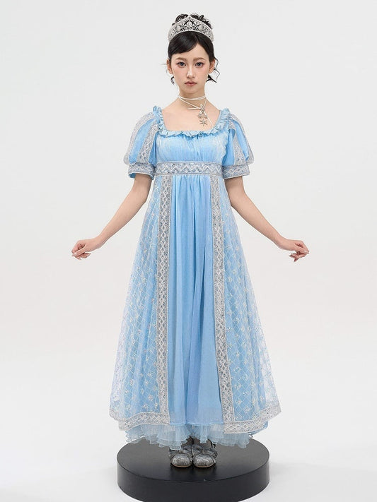 Maxi Lolita Dress Shimmering Rhinestone Blue Details and Sequin Elegant with Waist Empire