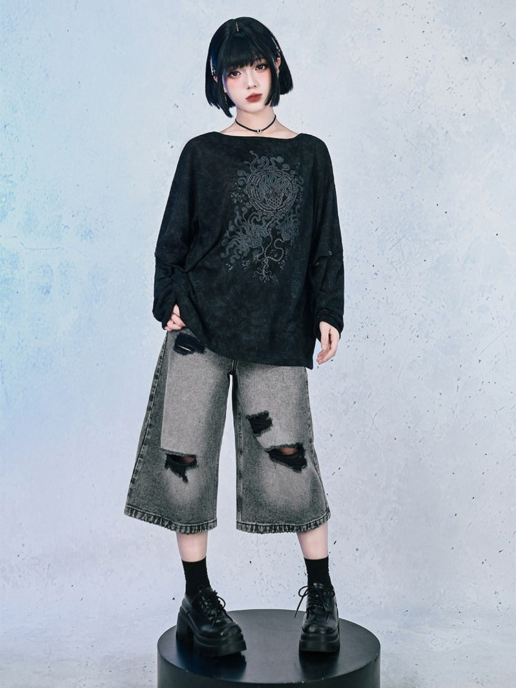 Distressed Denim Cropped Wide-Leg Pants - Quirky Hut