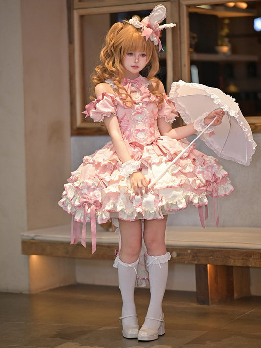 Heart-cutout Detachable Neck Dress Pink Halter with Ruffle Princess Lolita Sweet Layered