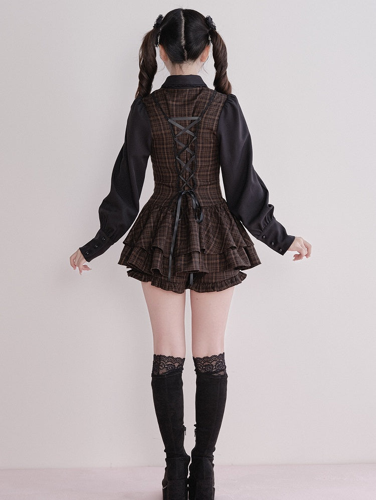 Jirai Fake Brown Set Plaid Matching Dress Two-Piece Kei Long-Sleeve + Shorts