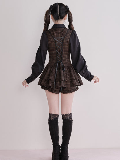 Jirai Fake Brown Set Plaid Matching Dress Two-Piece Kei Long-Sleeve + Shorts