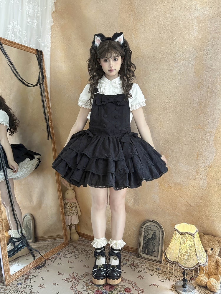 Black Ruffle Sweet Lolita Buttons with Overall Dress Layered Double-Breasted