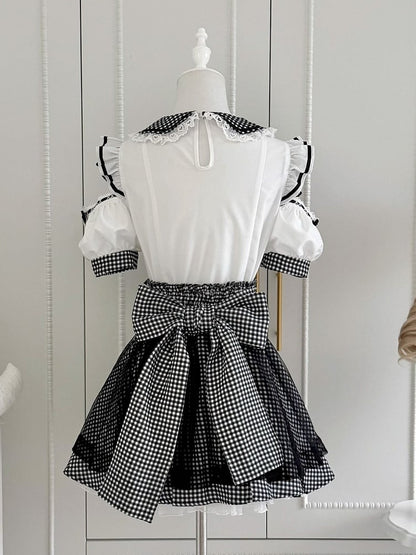 Maid Style Black & White Jirai-kei Cutout Shoulder Short Sleeve Top with Detachable Apron Skirt - Shi Zhai Xin