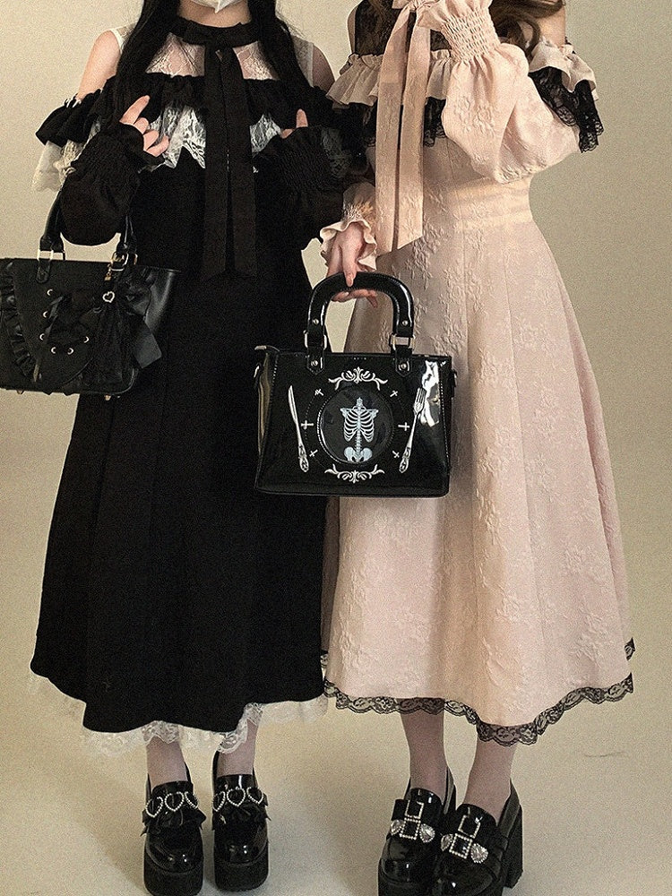 Jacquard Dress Rose Lace Black with Long-Sleeve Cutout and White Bow Jirai Shoulder Ruffled Kei