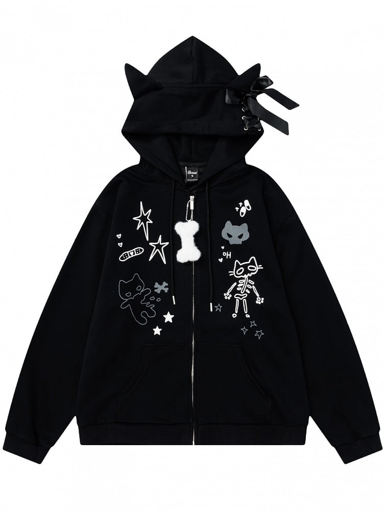 Zip-Up Gray/Black Print- Detail Cat Cat-Ear Adorable and Regular/Fleece Hoodie Lining with Options Lace-Up