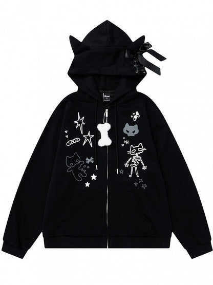 Zip-Up Gray/Black Print- Detail Cat Cat-Ear Adorable and Regular/Fleece Hoodie Lining with Options Lace-Up